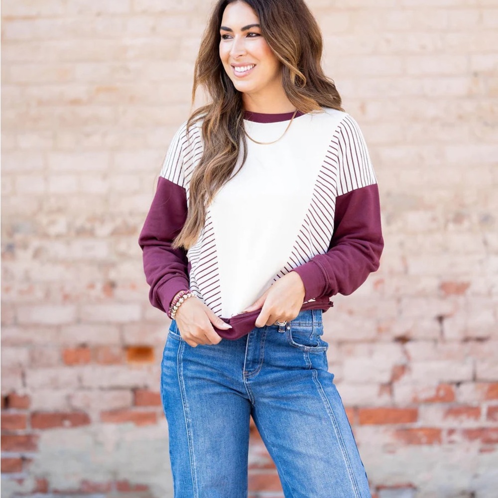 Staccato Get Going Striped Vanilla and Burgundy Sweatshirt